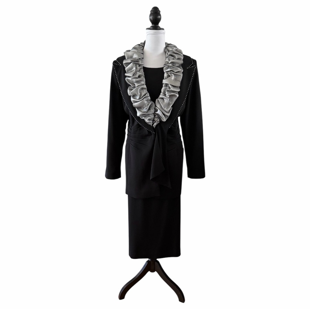 Elite Champagne Black Skirt Suit w/Gray Ruffled Lapel, Mesh, Rhinestones, Sz 18